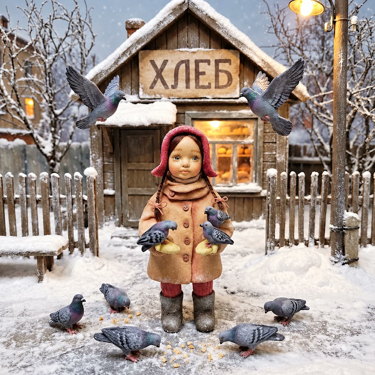 Ватная игрушка: девочка в красном капоре кормит голубей у хлебной лавки