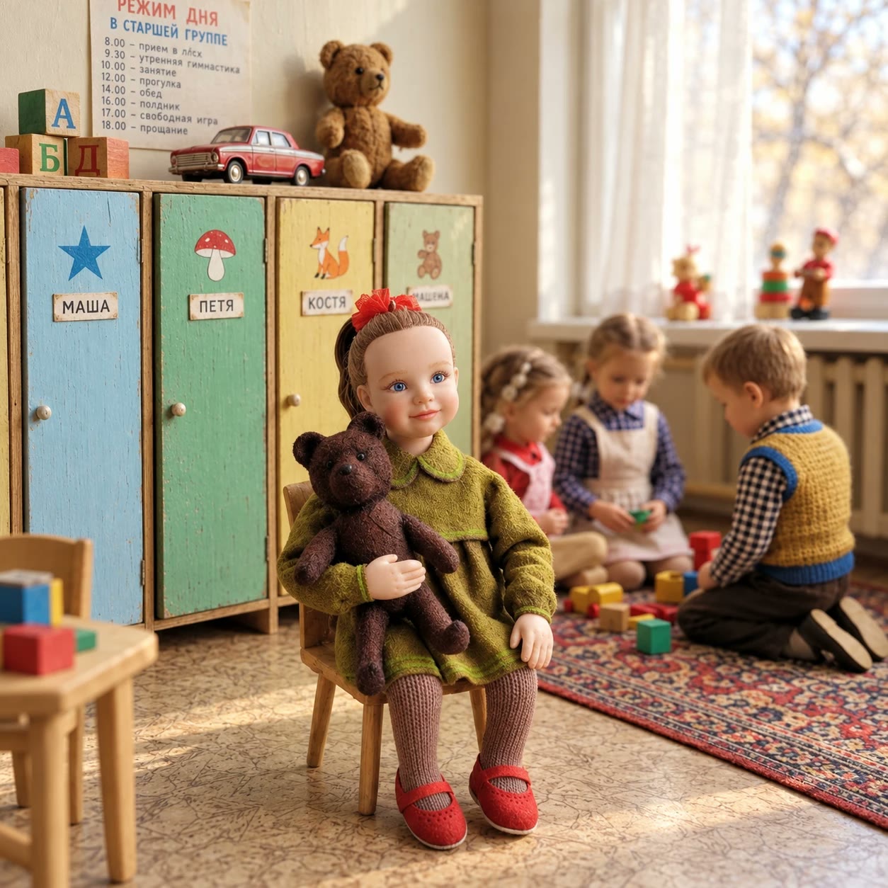 Ватная игрушка: девочка с плюшевым мишкой в детском саду